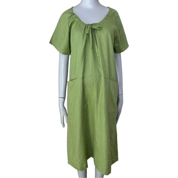 Lazybones Dresses & Skirts - LAZYBONES 100% Linen Short Sleeve Green Midi Dress Drawstring Neck Size XS/S